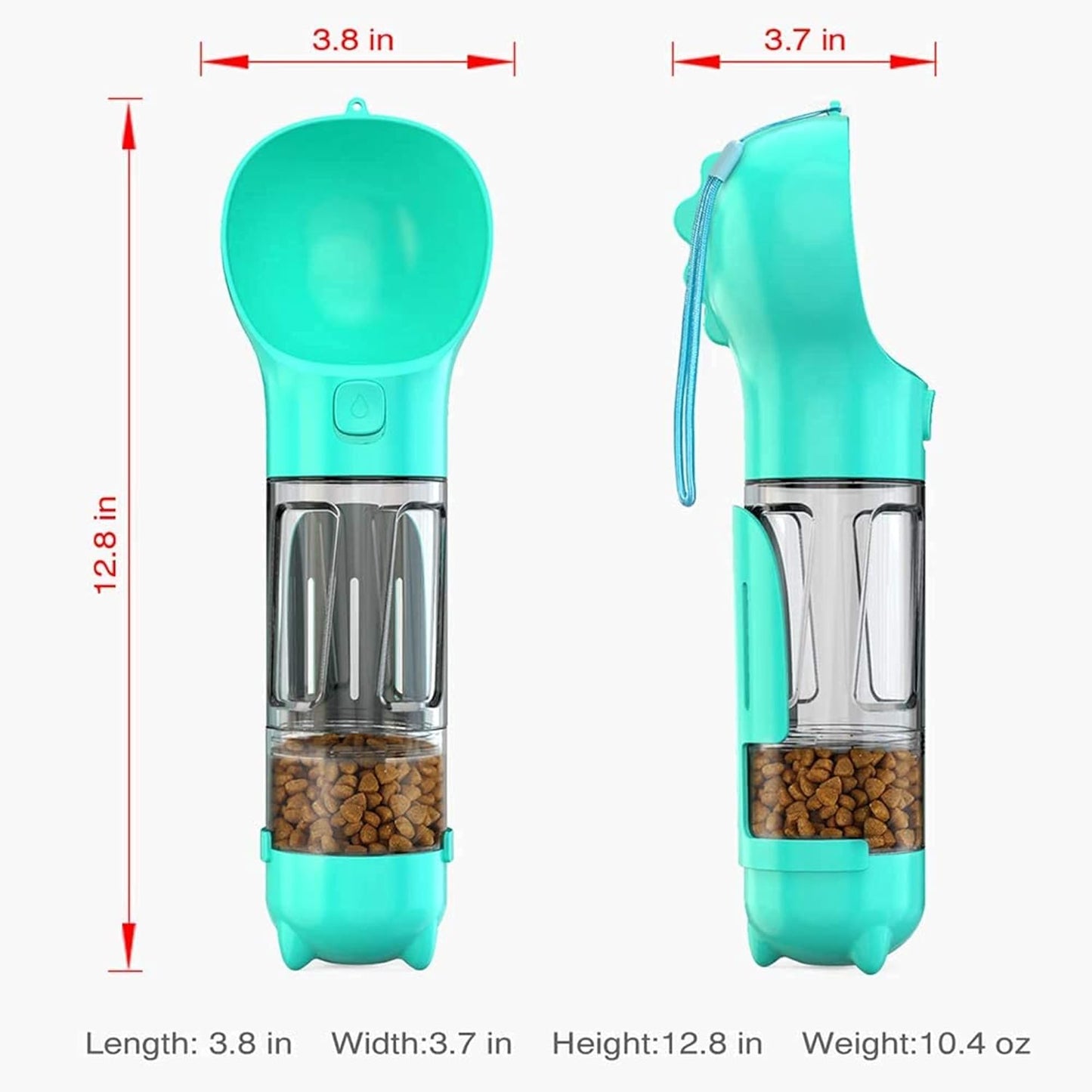 4in1 Portable Dog Water Bottle with Food Storage, Poop Bag Dispenser and Scoop