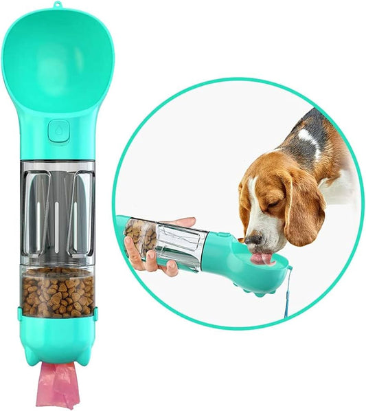 4in1 Portable Dog Water Bottle with Food Storage, Poop Bag Dispenser and Scoop